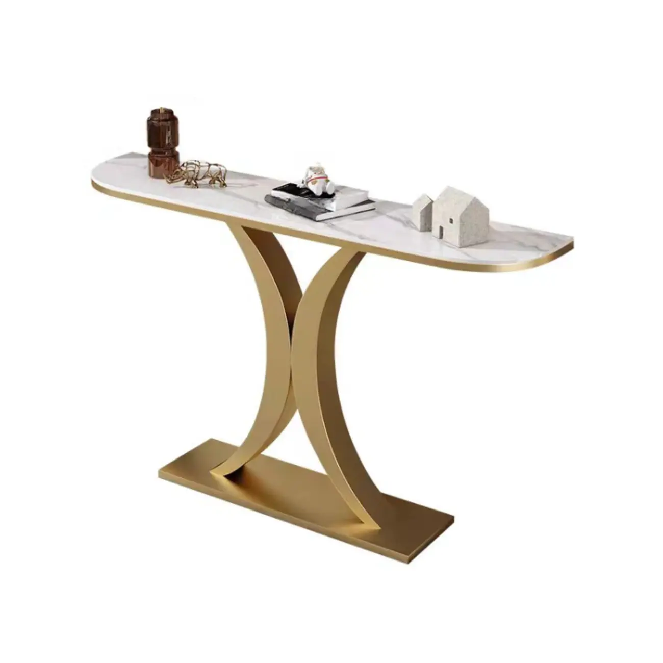 White Half-Circle Stone Rose Gold Entryway Console Table