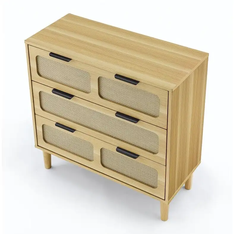 Grondin Mid-Century Modern Boho Style 3 Rattan Drawers Chest with MDF Frame and Solid Wood Legs, Chest of Drawers