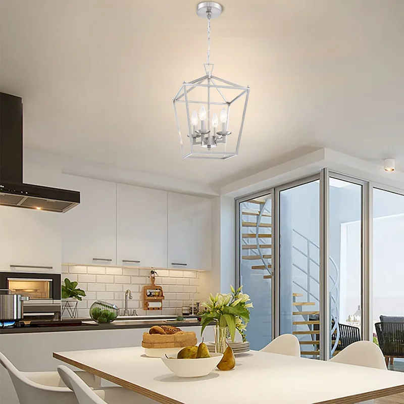 4-Light Geometric Cage Lantern Pendant Light with Brushed Nickle Finish - Middle