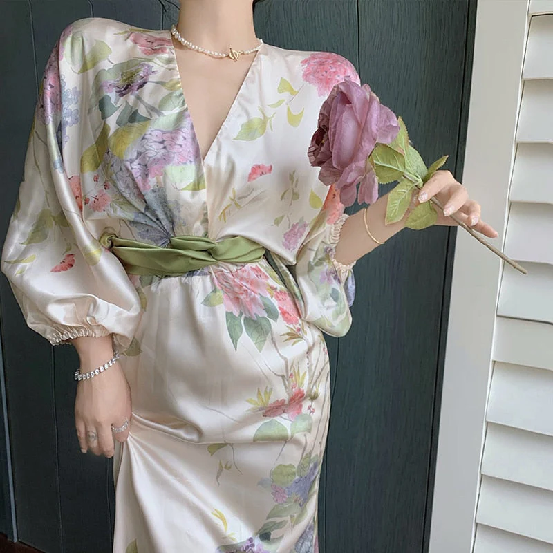 Hulianfu Printing Midi Bodycon Dress Elegant Japan Style V-Neck Long Half Batwing Sleeve Sashes Floral Maxi Dresses for Women Summer 2026 - Deanwangkt