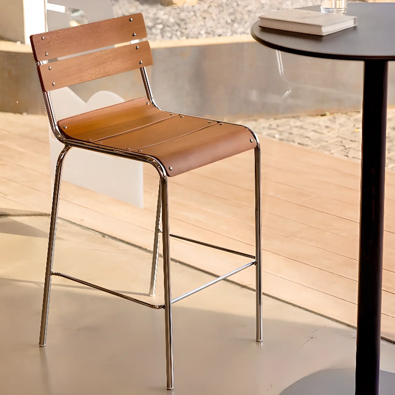 Industrial Brown Wood Rectangle Stackable Bar Stools with Back