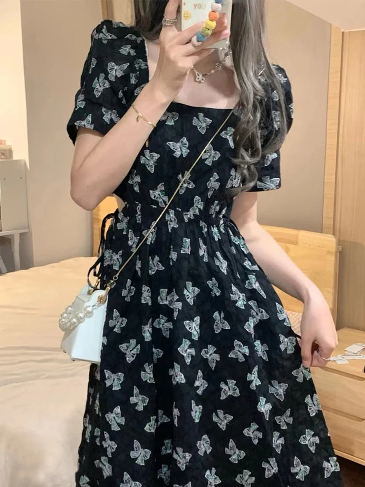 Hulianfu Vintage Black Square Collar Bandage Puff Sleeve Print Chiffon Midi Maxi Dresses for Women Party Dress Korea Clothing Summer - Deanwangkt