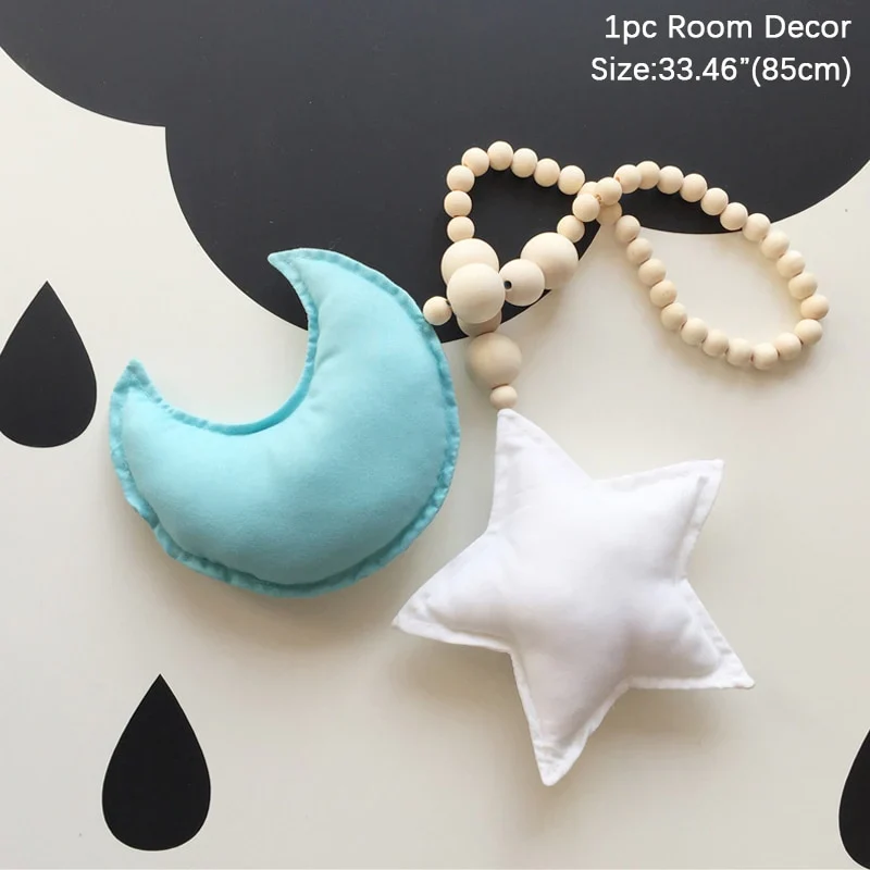 HULIANFU Nordic Boho Room Decor Double Star Moon Wooden Beads Cotton Hanging Wall Decoration Kawaii Kids Baby Bedroom Living Room Decor - Deanwangkt