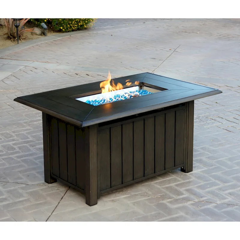 Brooklyn 4-Piece Patio Conversation Set with Cushions and 32 x 50  Rectangular Propane Fire Pit Coffee Table