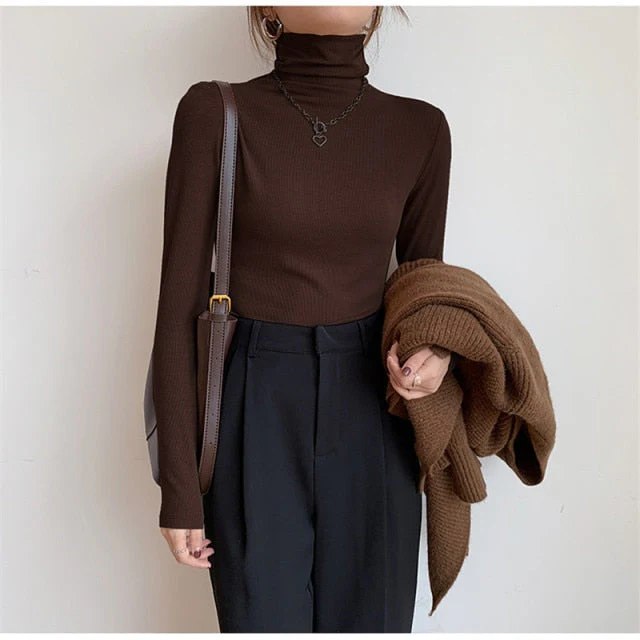 Autumn Women Pullover Tops Female Knitted Sweaters Solid Concise Turtleneck Elasticity Elegant Office Lady Casual All Match - Deanwangkt