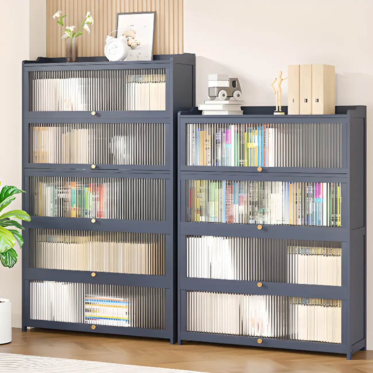 Vertical Bamboo Cabinet Glass Doors Bookcase Grey