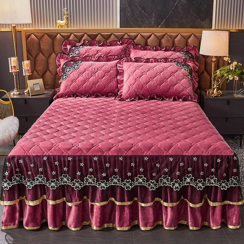 HULIANFU Luxury Super Soft Crystal Velvet Fleece Lace Ruffles Quilted Bed Skirt Mattress Cover Bedspread Pillowcase Bedding Home Textiles - Deanwangkt