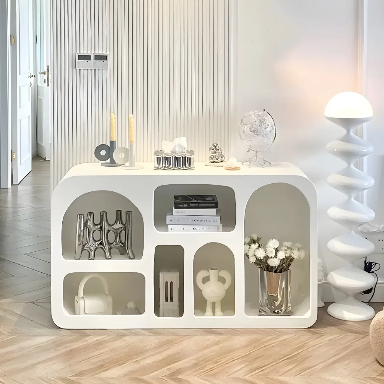 Contemporary White Wood Open Storage Display Cabinet