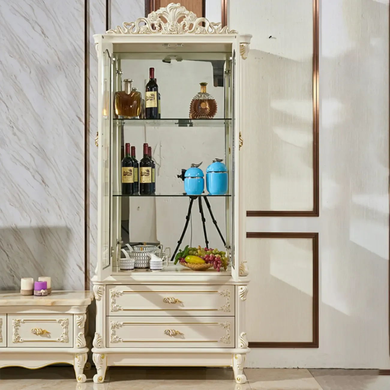 Glam White Wooden Glass Curio Cabinet with Drawers