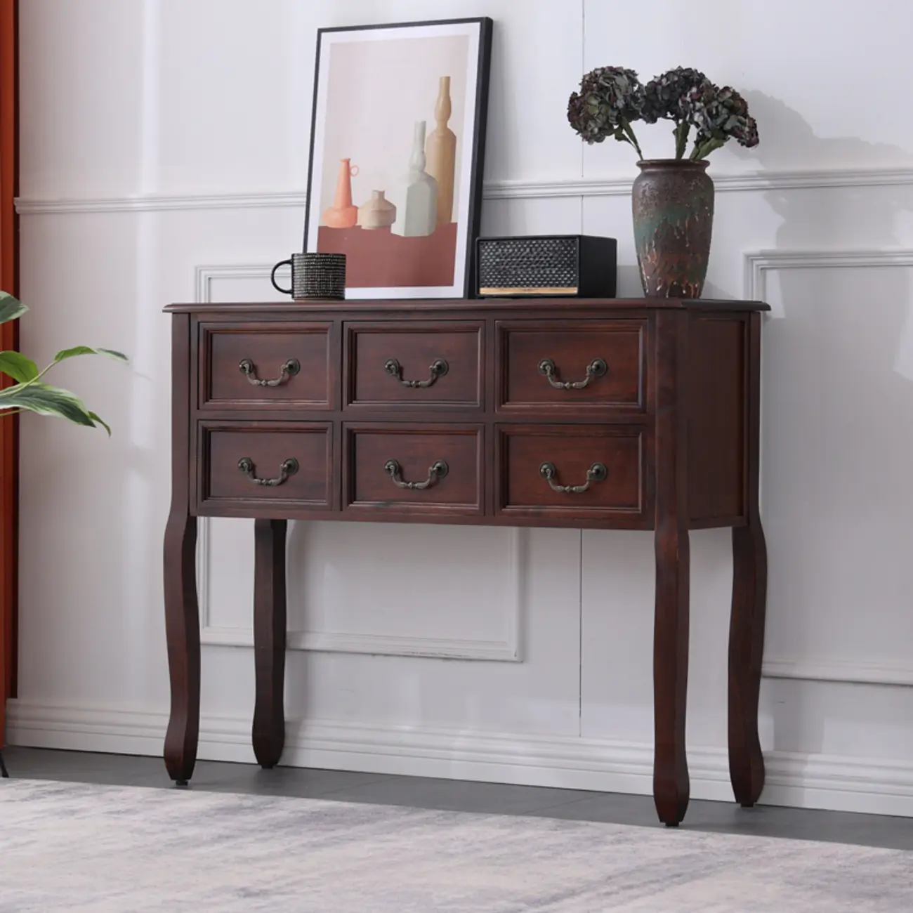 Rectangular Dark Walnut Console Table with Drawers