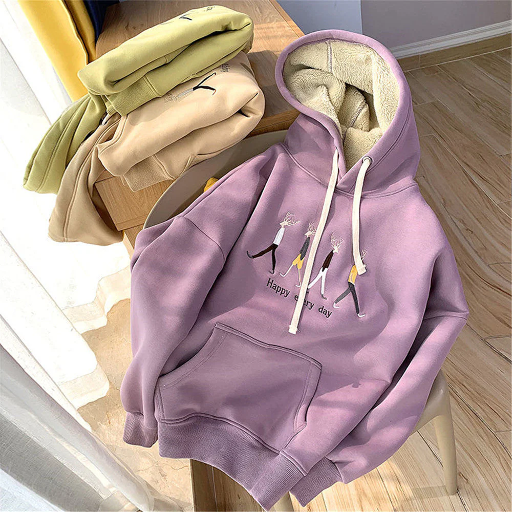 hulianfu Jacket women solid color hoodies autumn winter imitation lamb wool korean loose plus velvet thick zipper sweatshirt tops - Deanwangkt