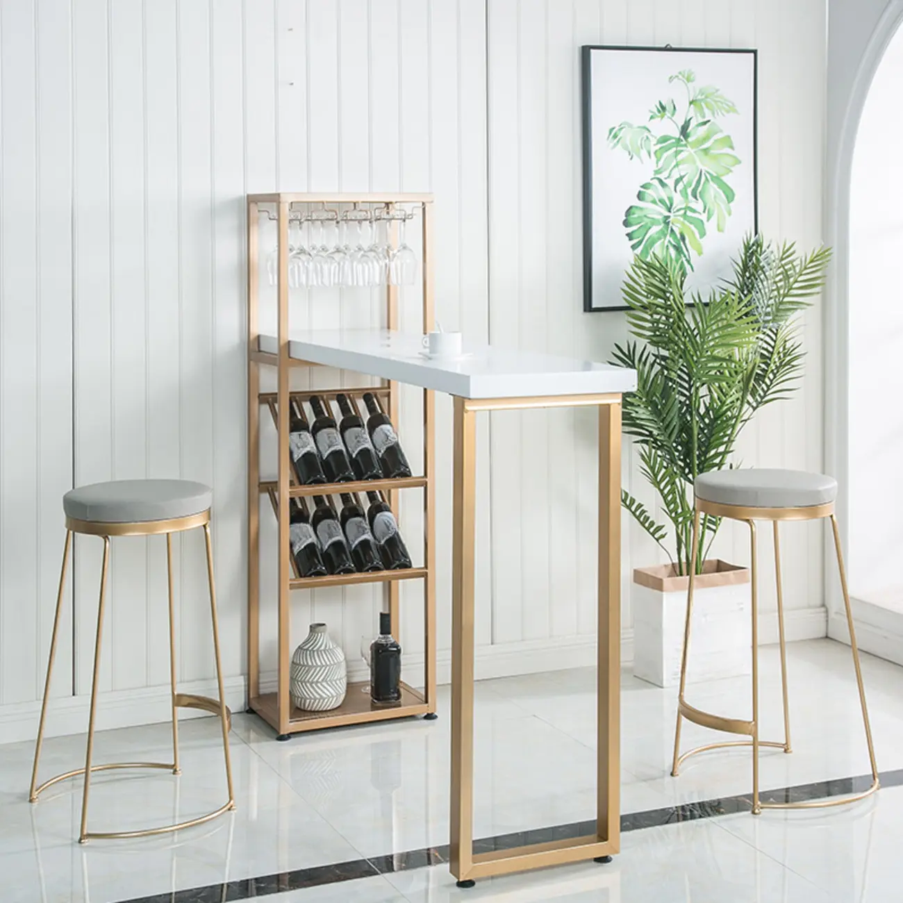 Glam White-Gold 2-Tier Shelves Bar Tables with Stemware Holders