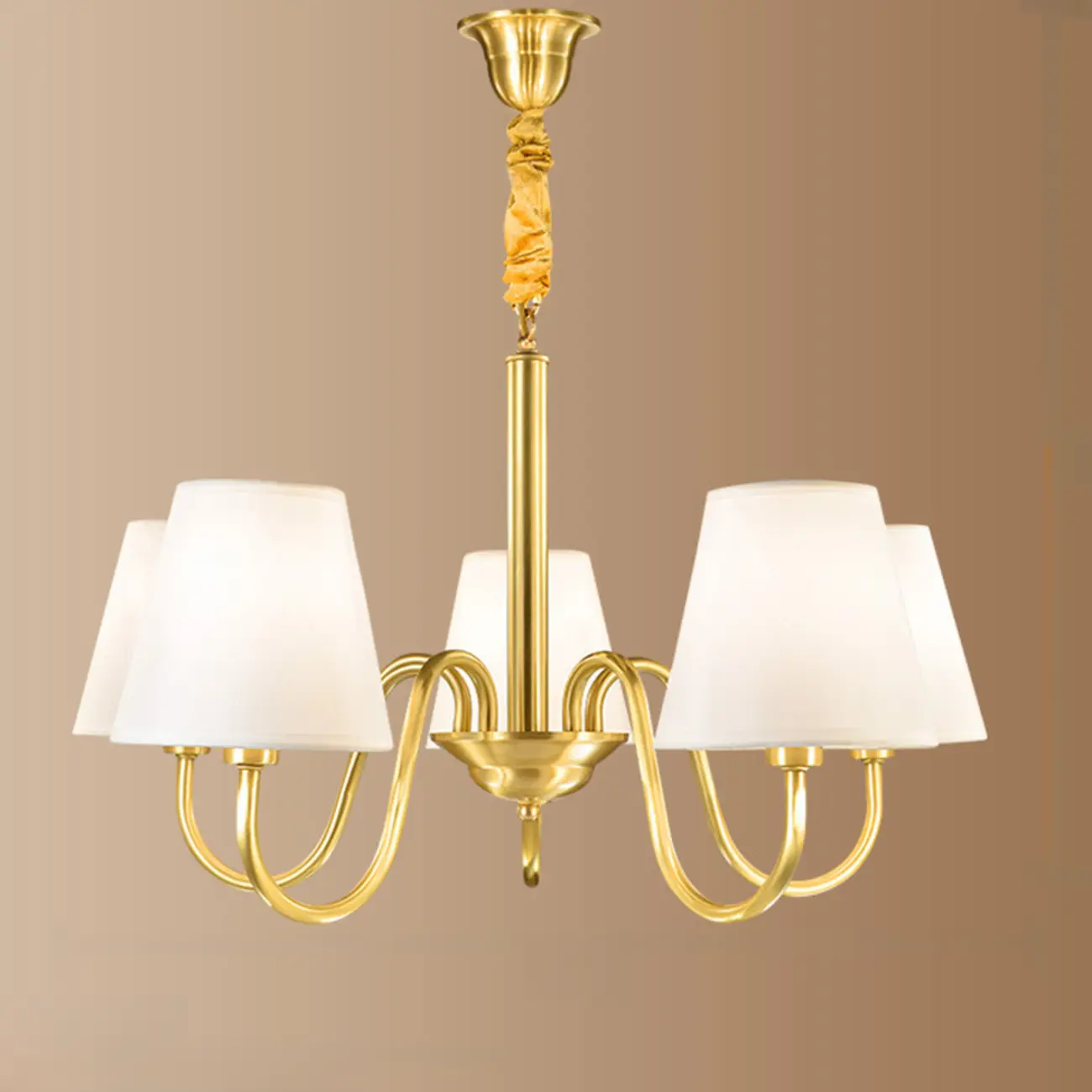 Modern Brass Hanging Chandelier with Fabric Shade