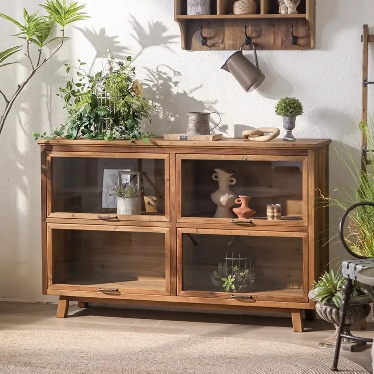 Rustic Brown Minimalist Wooden Ground China Cabinet with Multiple Cabinets and Shelves, Glass Doors