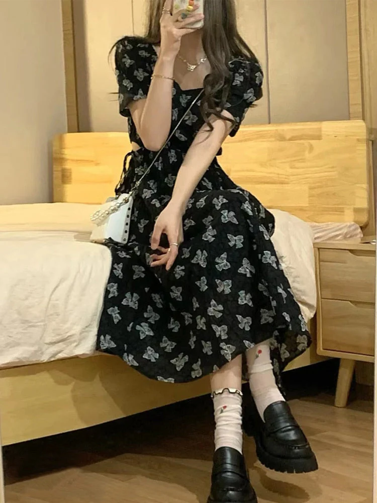 Hulianfu Vintage Black Square Collar Bandage Puff Sleeve Print Chiffon Midi Maxi Dresses for Women Party Dress Korea Clothing Summer - Deanwangkt