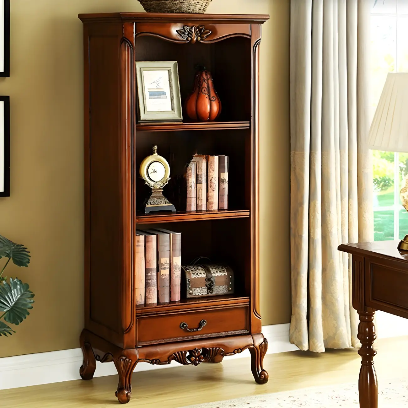 Classic Brown/White Wooden Bookcase with Drawer
