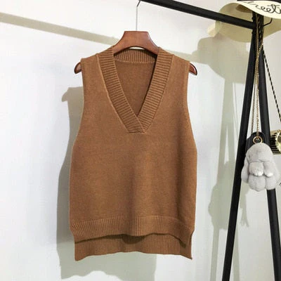 Autumn Women's Sweater Vest V-neck Sleeveless Irregular Casual Loose Knitted Pullover Tops Female Outerwear - Deanwangkt