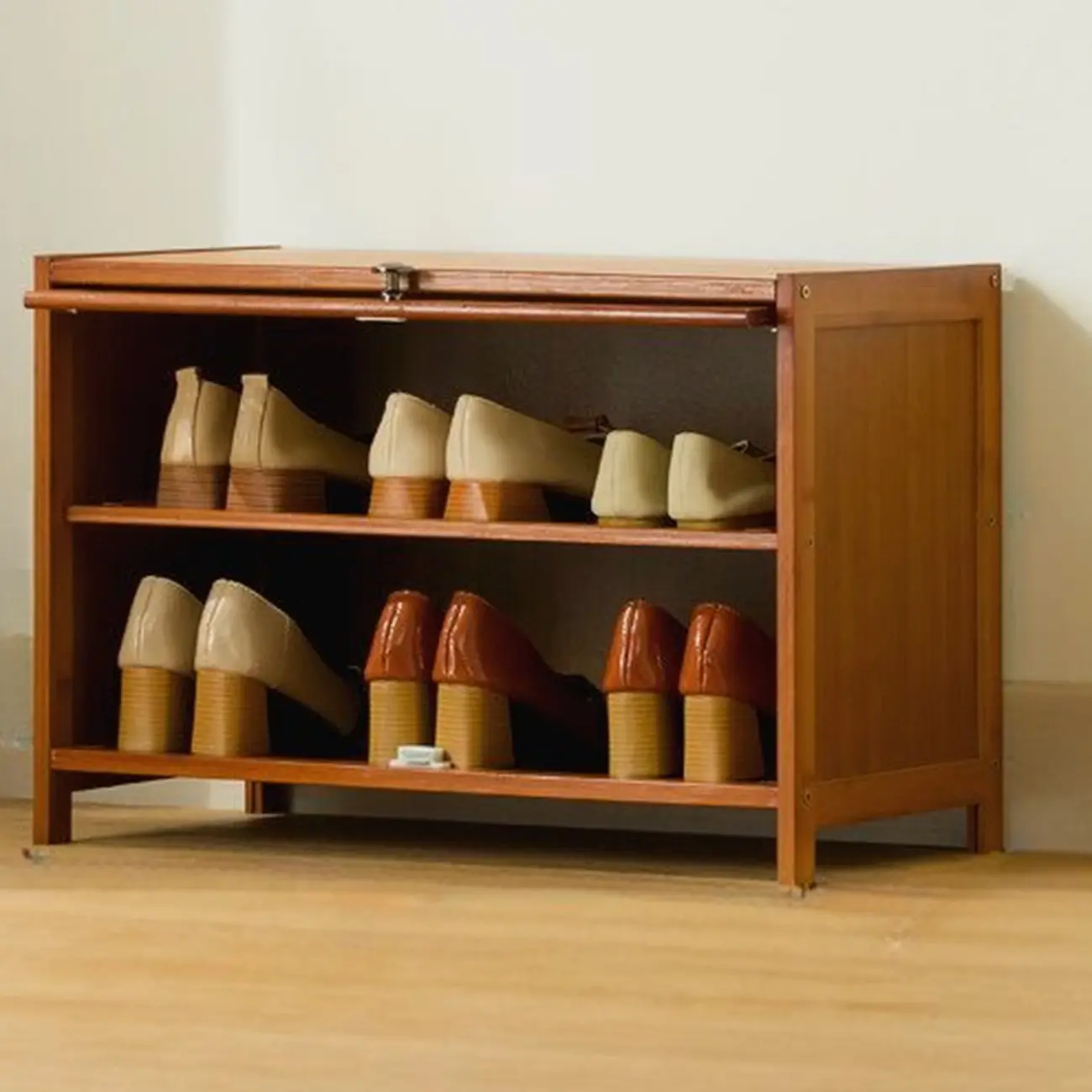 Bohemian Brown Wood Shoe Cabinet with Cane Doors