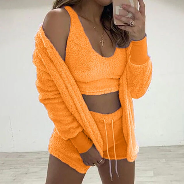 Three Piece Sexy Fluffy Outfits Plush Velvet Hooded Cardigan Coat+Shorts+Crop Top Women Tracksuit Sets Casual Sports Sweatshirt - Deanwangkt