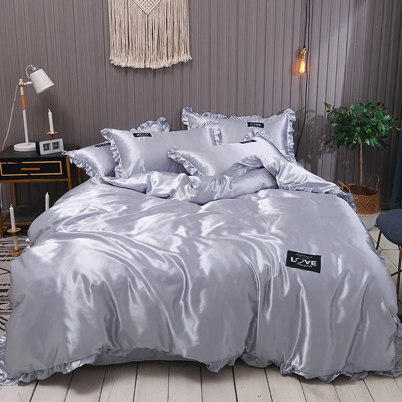 HULIANFU Pure Satin Silk Bedding Set Lace Luxury Duvet Cover Set Single Double Queen King Size 240x220 Couple Quilt Covers White Gray Red - Deanwangkt