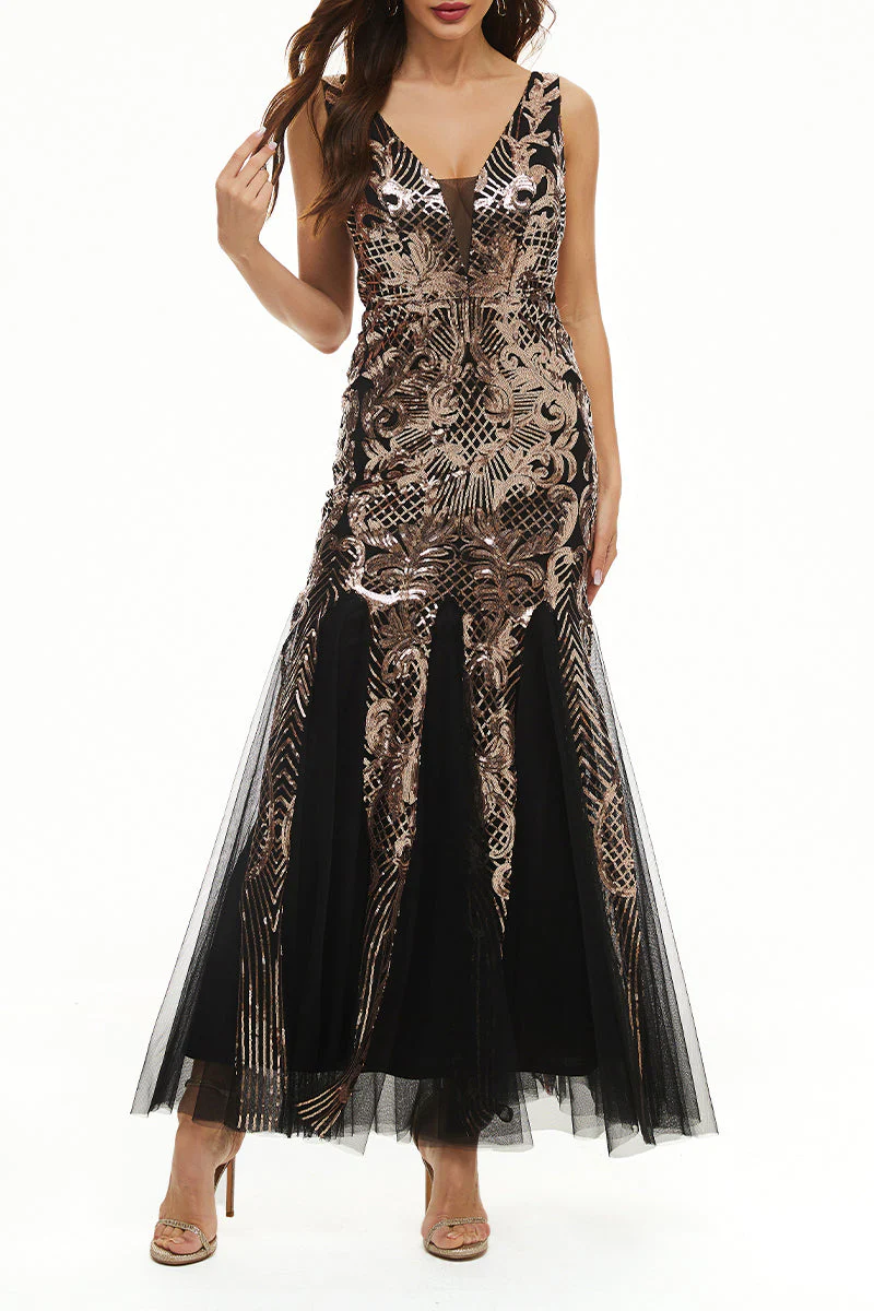 hulianfu Elegant College Patchwork Sequins V Neck Evening Dress Dresses - Deanwangkt