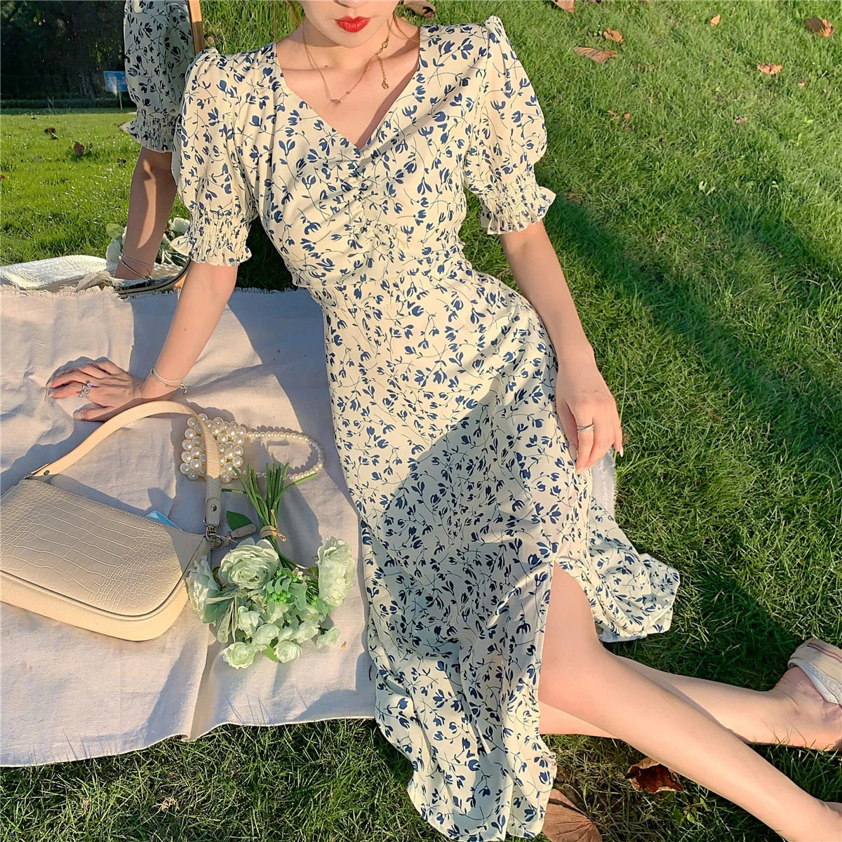 Hulianfu Harajuku Floral Dress for Women Party French Vintage Retro Office Lady Casual Club Mini Sexy Dresses Summer New Clothes - Deanwangkt