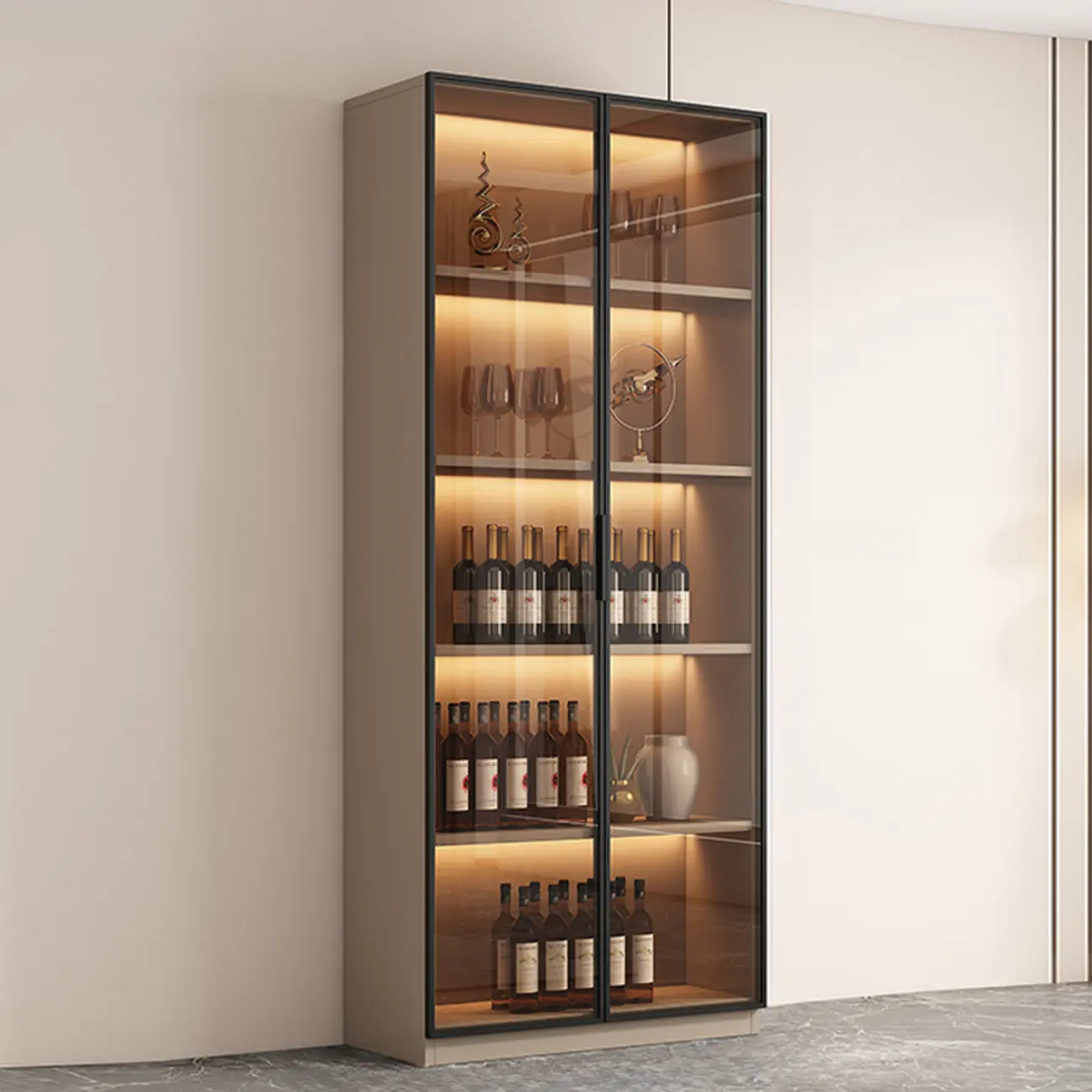 Tall Narrow Black Wood Display Cabinet with Light