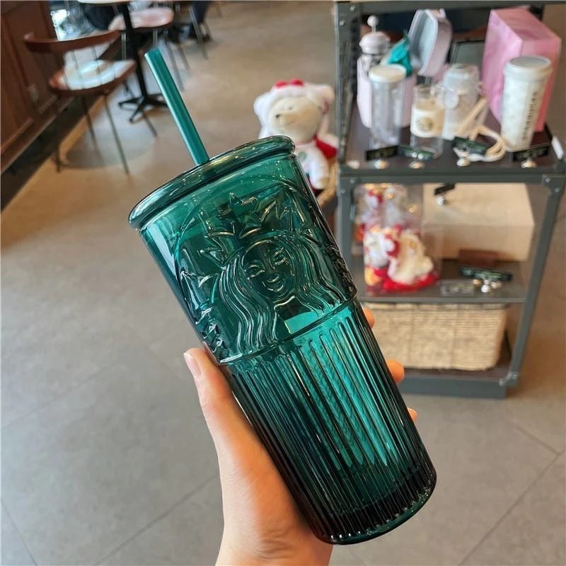 HULIANFU Large capacity 550ml green color Mermaid print Lead-free glass cups with lid and straw - Deanwangkt