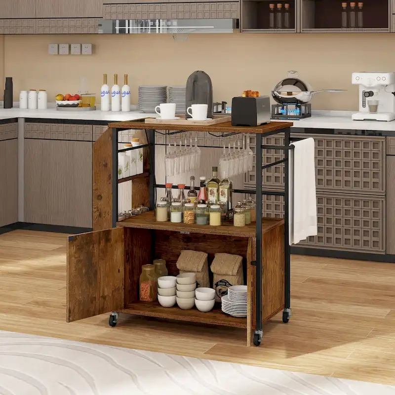 Rolling Portable Kitchen Island Cart With Storage Shelf & Power Outlet