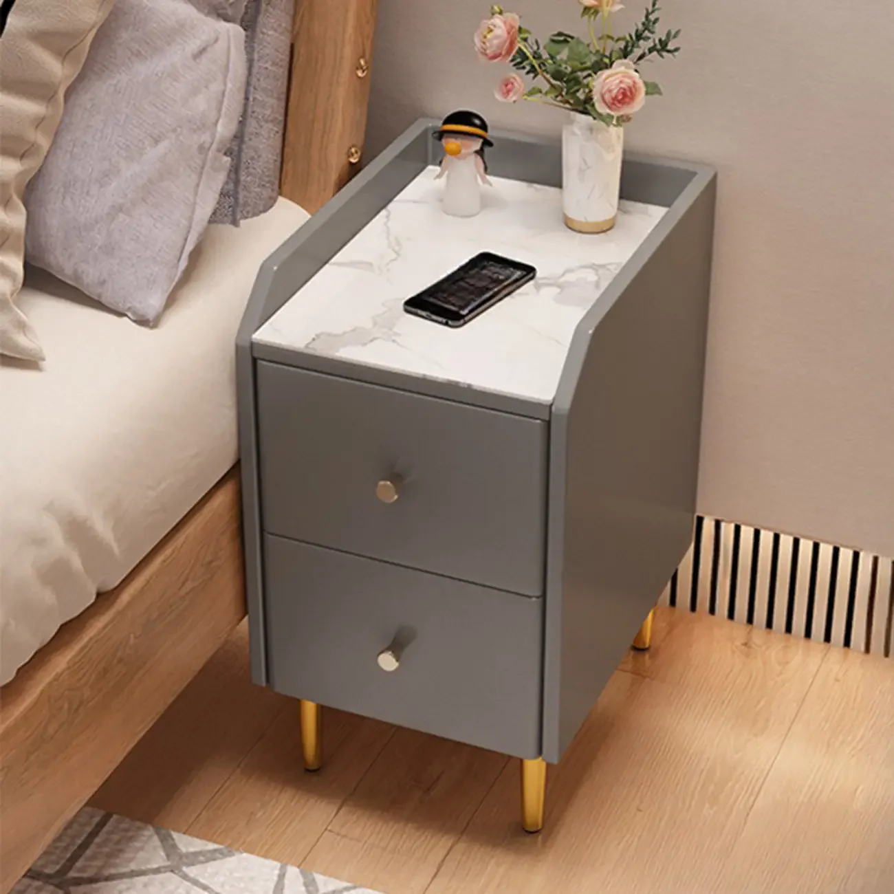 Narrow Faux Leather Drawer Nightstand with Stone Countertop