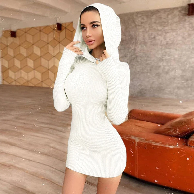 Hulianfu Autumn Winter Knitted Sweater Dress For Women  White Black Long Sleeve Bodycon Mini Dress Casual Hooded Sweatshirt Dresses - Deanwangkt