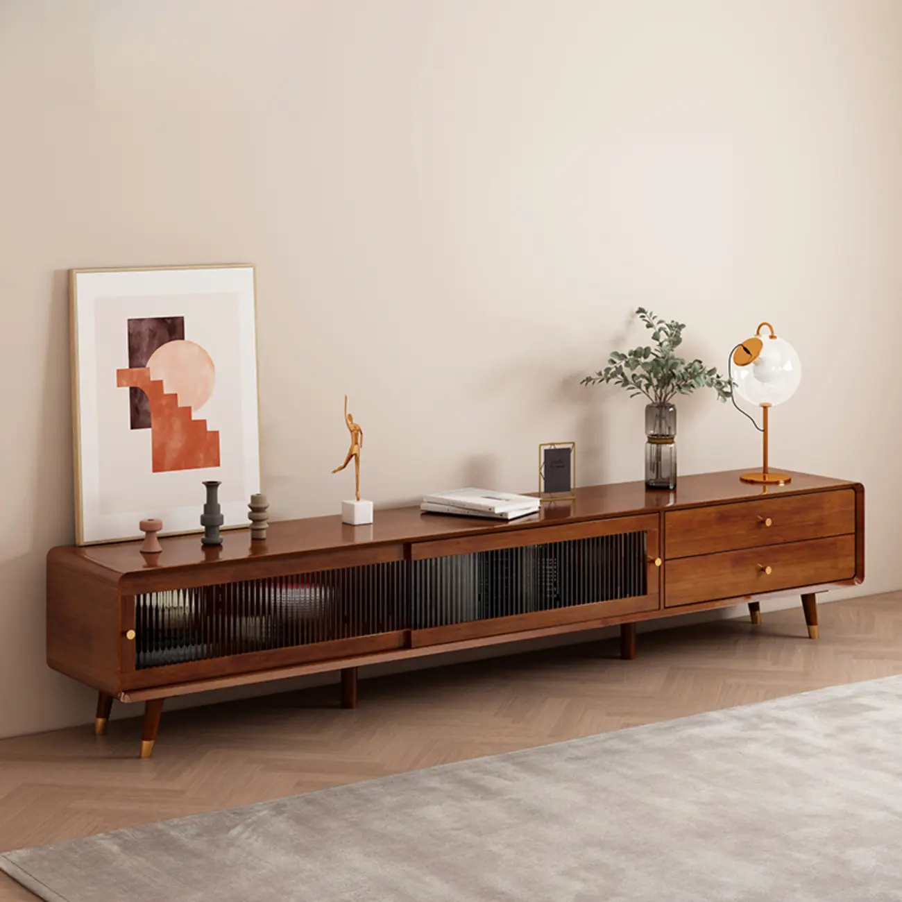 Long Brown 2-Drawer Pine Modern TV Stand with Cabinet