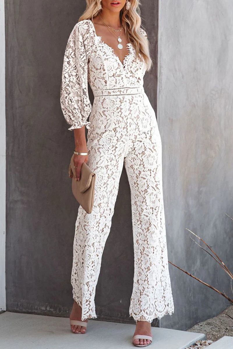 hulianfu Embroidery Lace V Neck Regular Jumpsuits - Deanwangkt