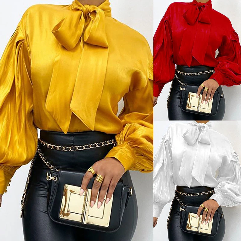 hulianfu Lugentolo Lantern Sleeve Shirt Women Vintage Bow Tie Spring Loose Casual Solid Color Women Blouses - Deanwangkt