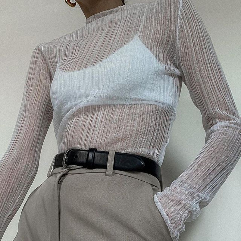 Hulianfu Fall Elegant See Through Long Sleeve Mock Neck Women Tops Fashion Streetwear Sexy T-Shirts Tees Slim Clothes - Deanwangkt