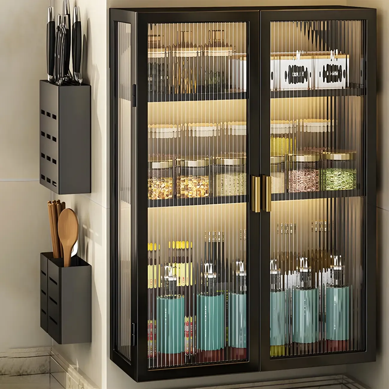 Kitchen Black Modern Metal Floating China Cabinet