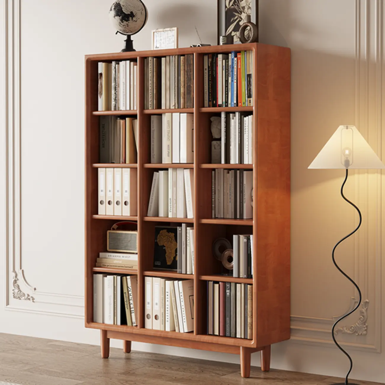 Mid Century Modern Oak Wood Closed Back Standing Bookcase