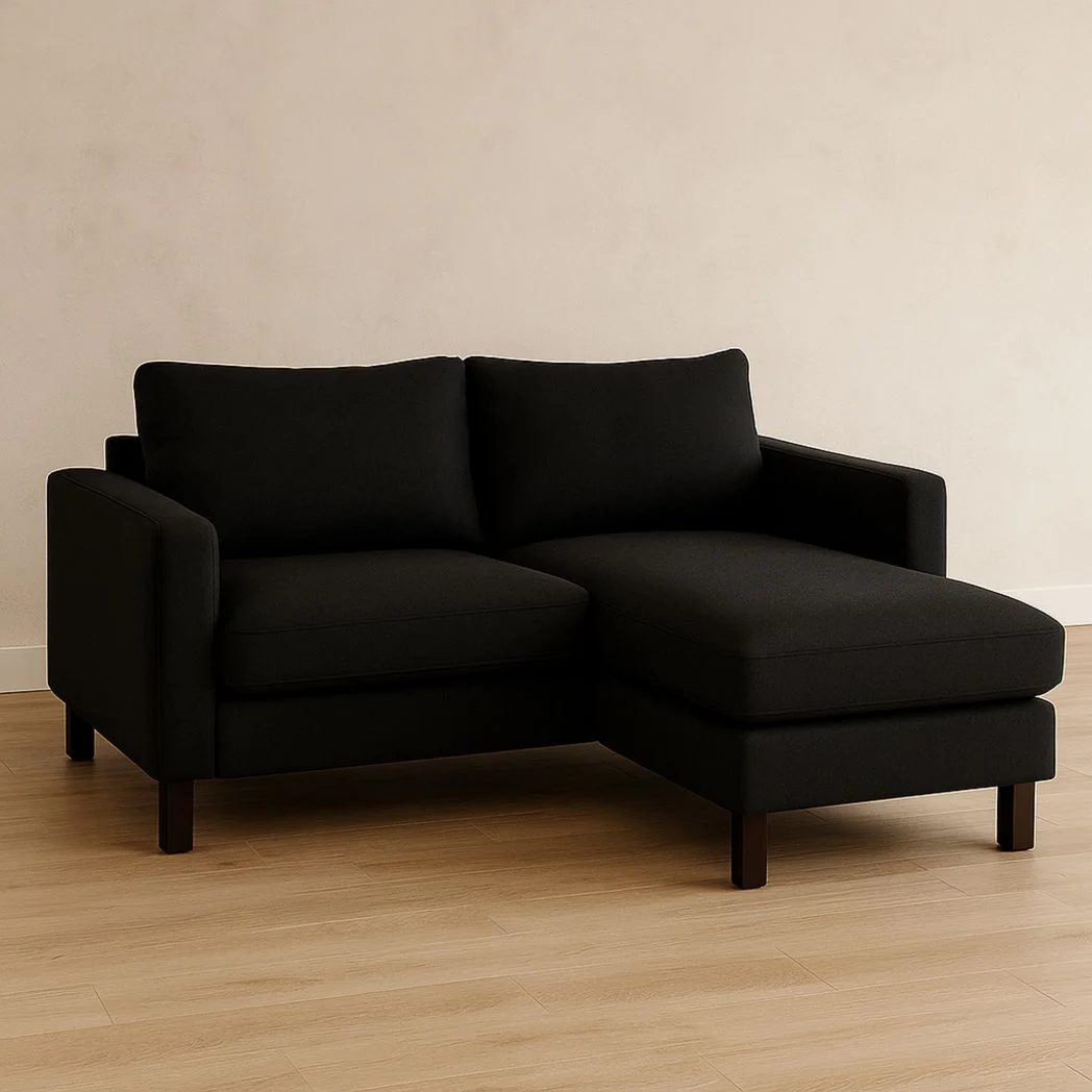 Canapé d'Angle Droit en Tissu Noir avec Châssis en Bois, 2 Places, 200x150x85cm