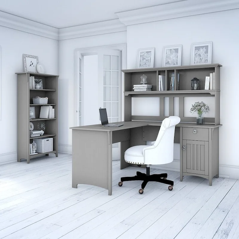 Salinas 60W L Shaped Desk with Hutch and Bookcase in Cape Cod Gray