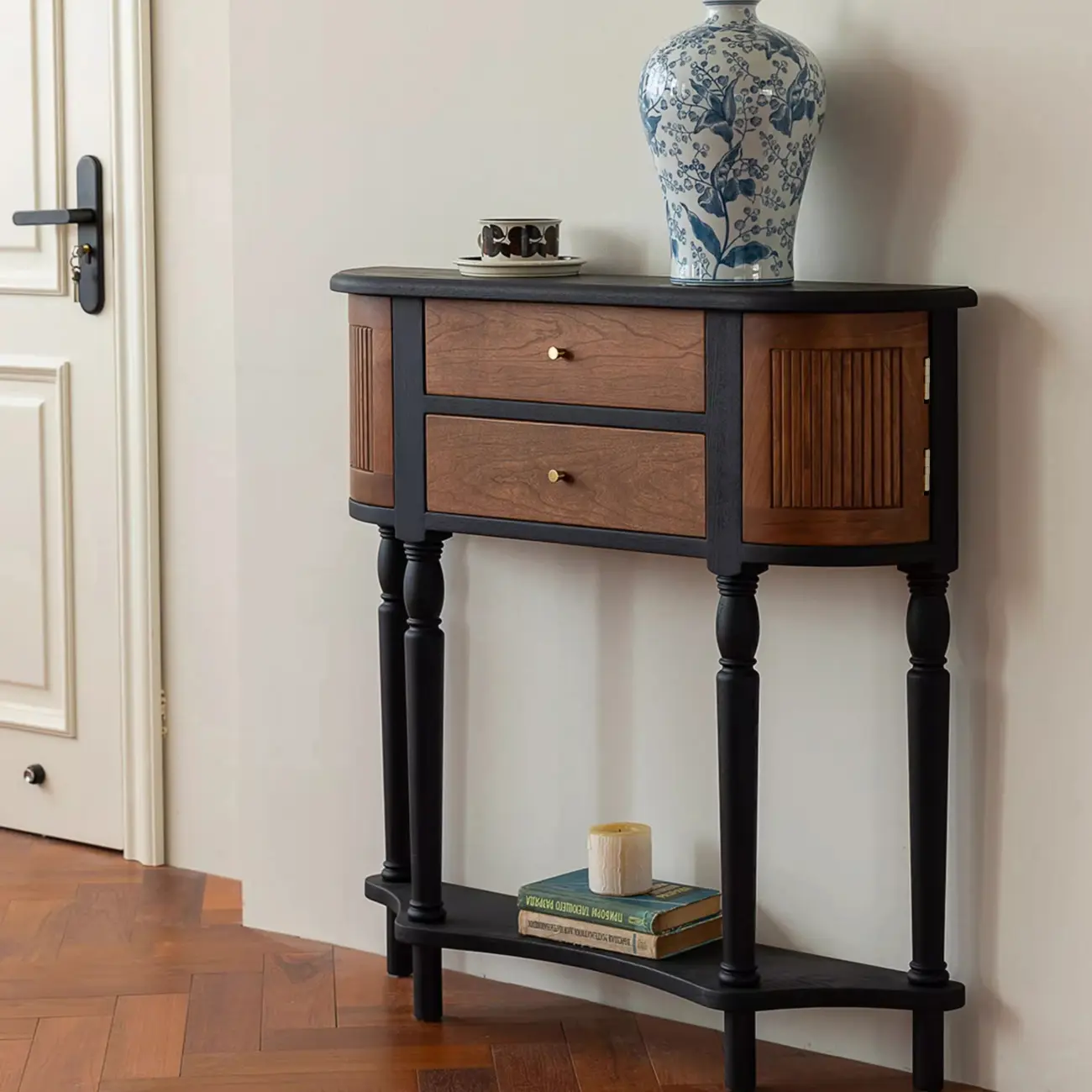 Natural Wood Live Edge Entrance Table with 2 Cabinets and 3 Shelves
