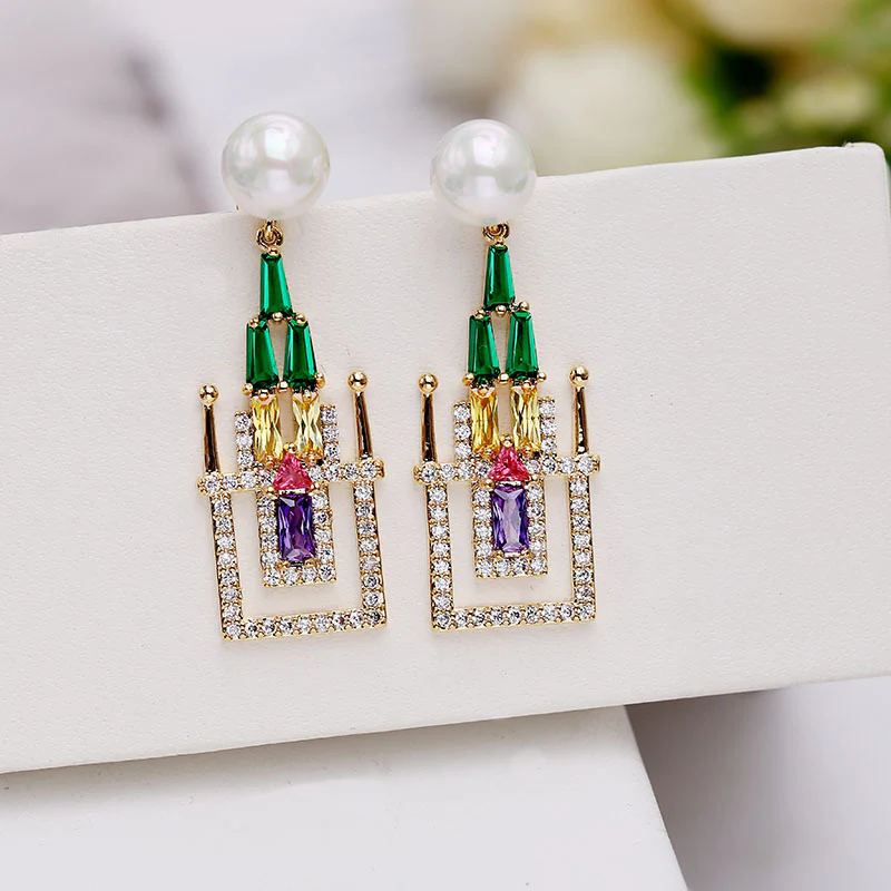 2025 Korean earrings earrings new 925 silver needle stud earrings colored zircon temperament personalized creative fairy tale castle - Deanwangkt