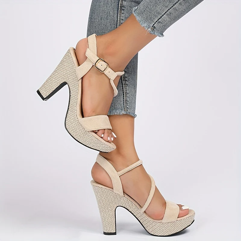 Stylish Linen Slingback Sandals - Open-Toe, Block Heeled, Ankle Buckle Strap, Platform High Heels, Fashionable, Comfortable, Summer Essential, Perfect for Outdoor Activities - Deanwangkt