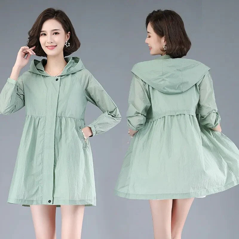 Hulianfu New Summer Medium Long Sun Protection Clothing Female Thin Jacket Loose Hooded  Coat Sun Protection Windbreaker Women - Deanwangkt