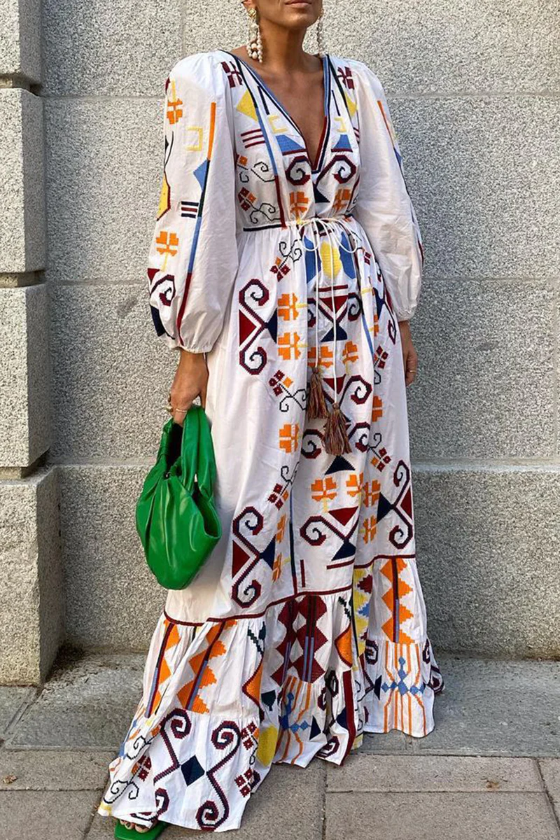 Fashion Elegant Print Draw String Frenulum V Neck A Line Dresses - Deanwangkt