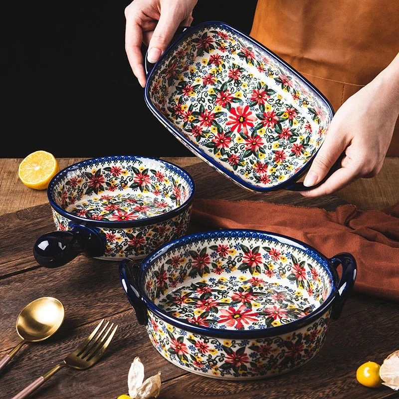HULIANFU Krusoal Retro Ceramic Handle Salad Bowl Household Oven Breakfast Bake Pan Microwave Bohemia Binaural Soup In-glaze Tableware - Deanwangkt