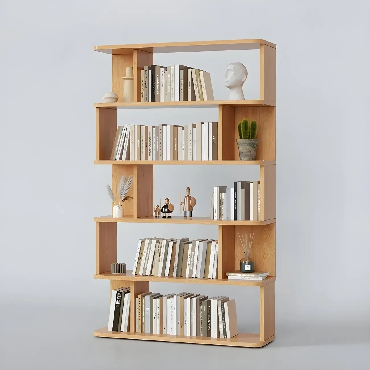Tall Modern Walnut Open Back 6-Shelf Wood Bookcase