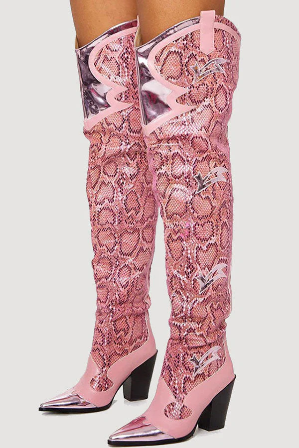 hulianfu Pink Snake Print Patchwork Modern Boots - Deanwangkt