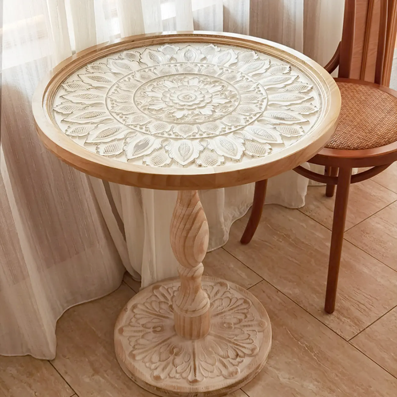 Vintage Round Glass Top Wood Base End Table
