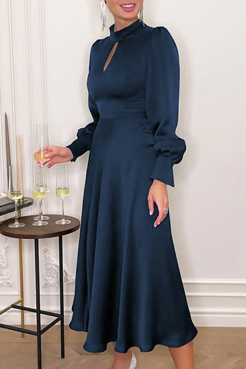 hulianfu Elegant Solid Hollowed Out Turtleneck A Line Dresses - Deanwangkt