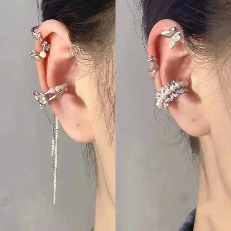 hulianfu Fashion Design Korean Delicate Zircon Butterfly Clip Earrings Women Elegant Pearl No Piercing Cartilage Ear Jewelry - Deanwangkt